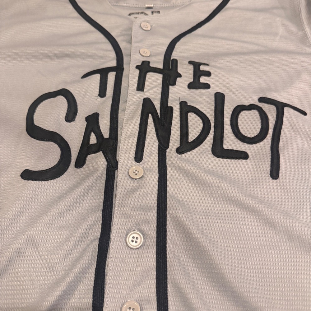 The Sandlot Benny the Jet Rodriguez 30 Baseball Jersey Grey Blck Button Up Small - Picture 2 of 8